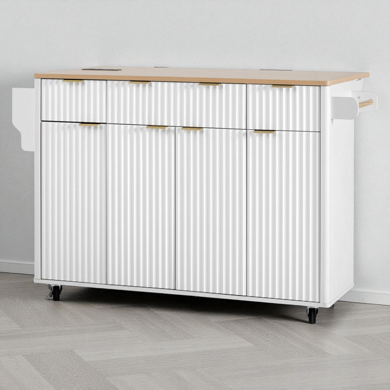Îlot de cuisine de 55,5 po de large avec abattant, H 35,85 po x l 55,5 po x P 28,9 po, Blanc/naturel
