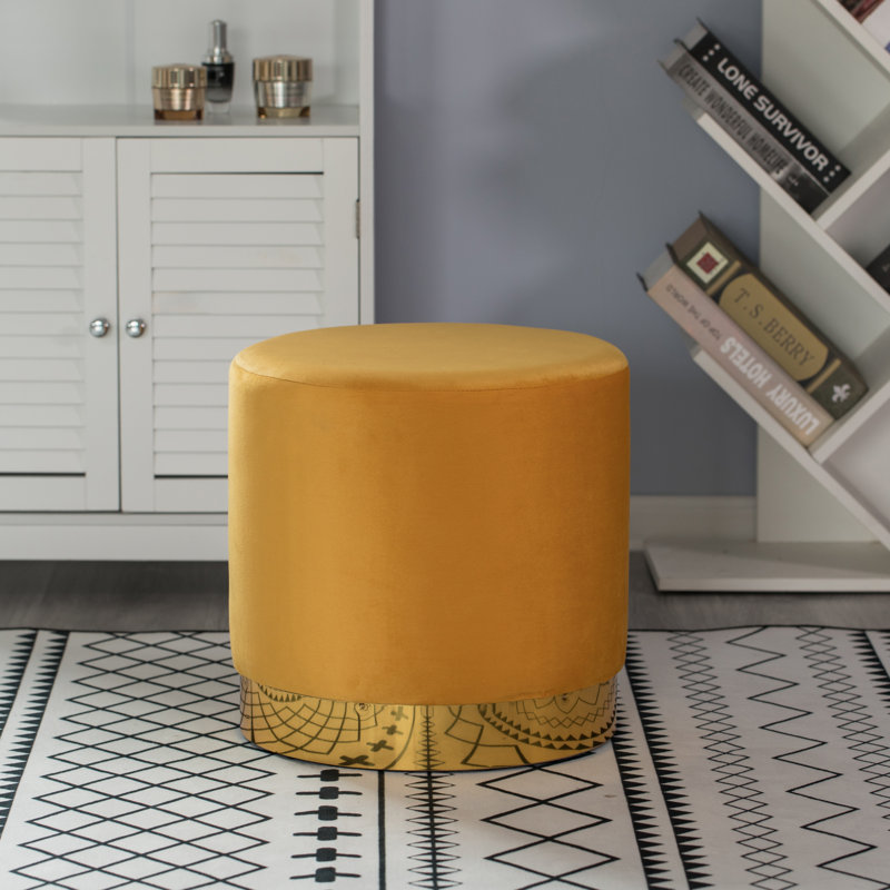 Mustard Velvet Round Ottoman Stool with Gold Metal Base
