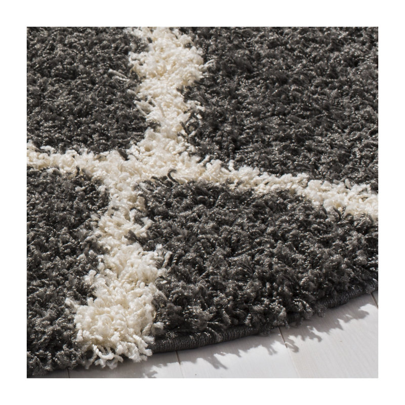 Ines Geometric Dark Gray/Ivory Area Rug, Round 6'