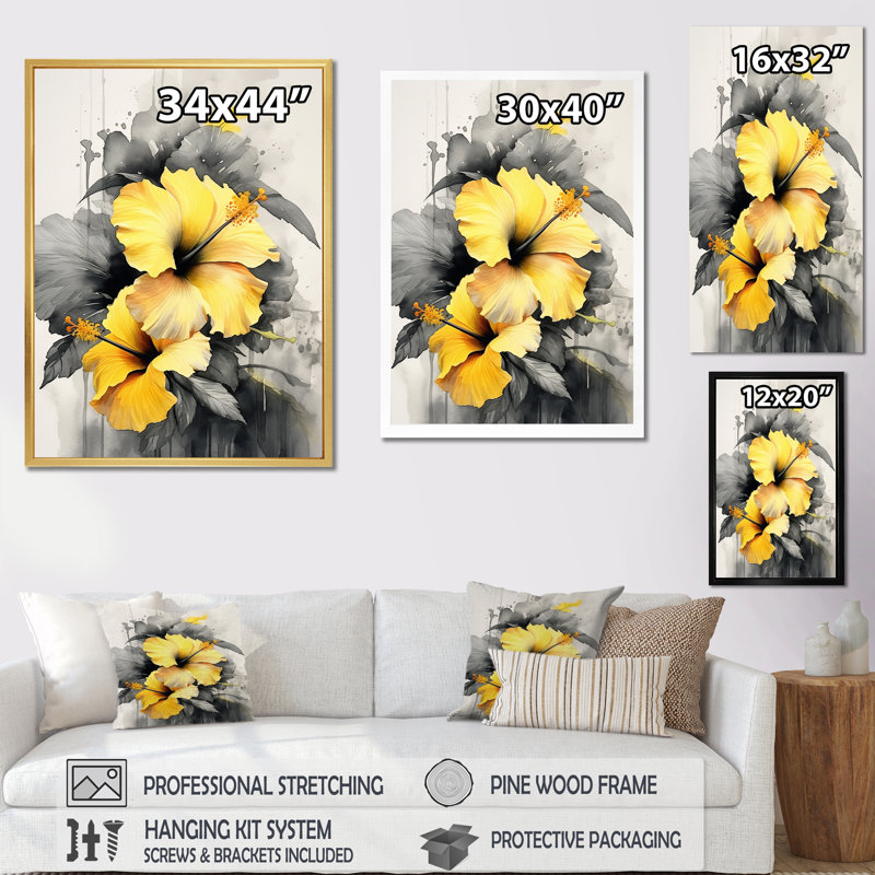 «Yellow and Grey Hibiscus Serenade», reproduction sur toile encadrée, Cadre flottant blanc, H 32 po x l 24 po x P 1 po