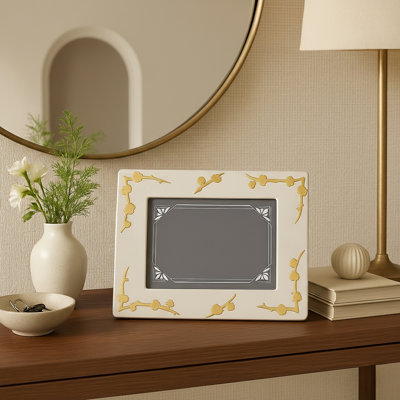 Cadre photo décoratif décoratif avec décoration florale - Cadre photo élégant pour décoration de hall d'entrée ou de bureau - Or et blanc