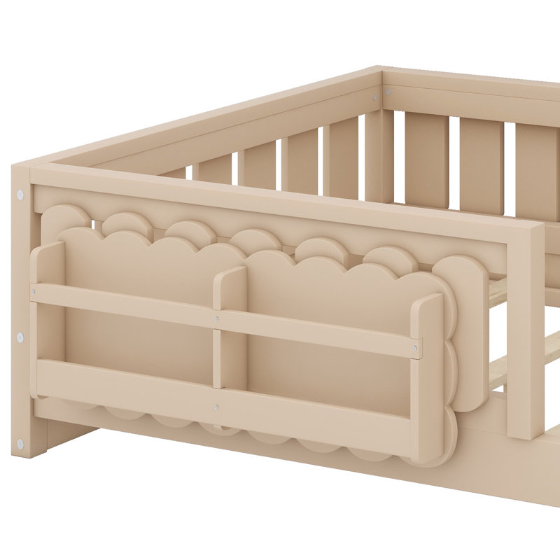 Platform Bed with Integrated Guardrail and Open Storage Shelves, Natural