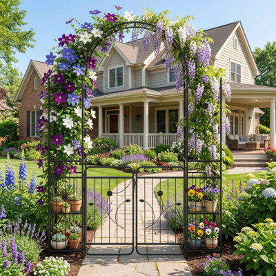 Arche de jardin de 87 pouces résistante aux intempéries avec étagères de jardinière verrouillables et treillis d'escalade pour la décoration de mariage de patio