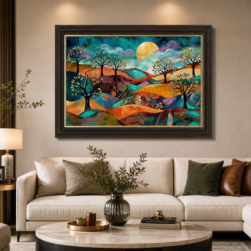 Tableau sur toile représentant des collines et des arbres colorés sous une lune orange, H 12 po x l 18 po