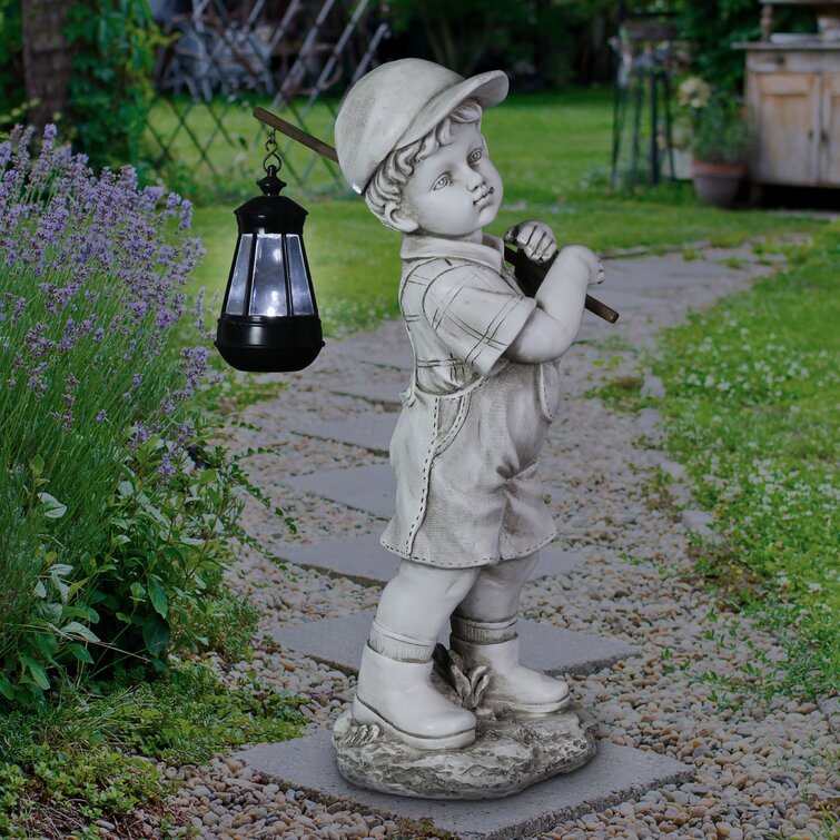 Exhart Little Boy Garden Statue With Solar Lantern, 17 Inches
