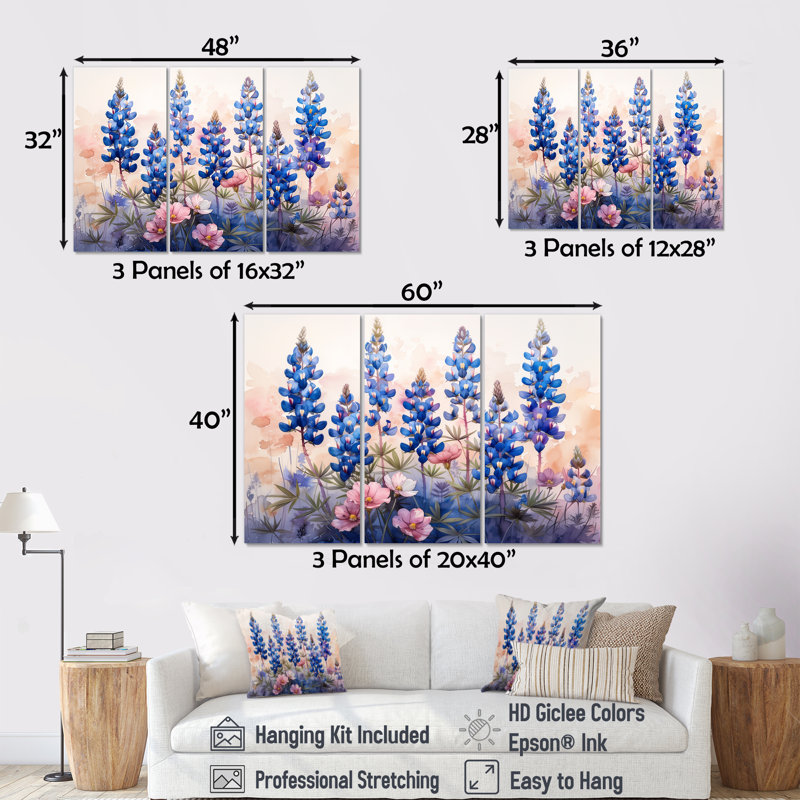 «Blue Bonn Wildflower Blue Bonnets Dreams III - Blue Bonnets», ensemble de reproduction d'art mural, Toile tendue