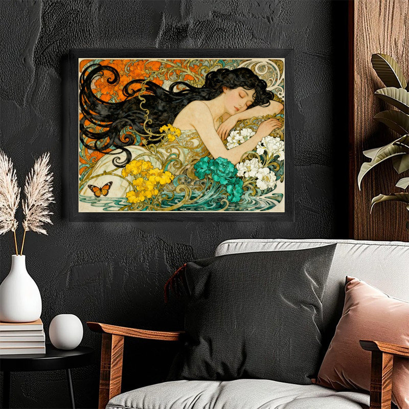 «Black Gustav Klimt», art abstrait avec femme et fleurs, H 37 po x l 25 po