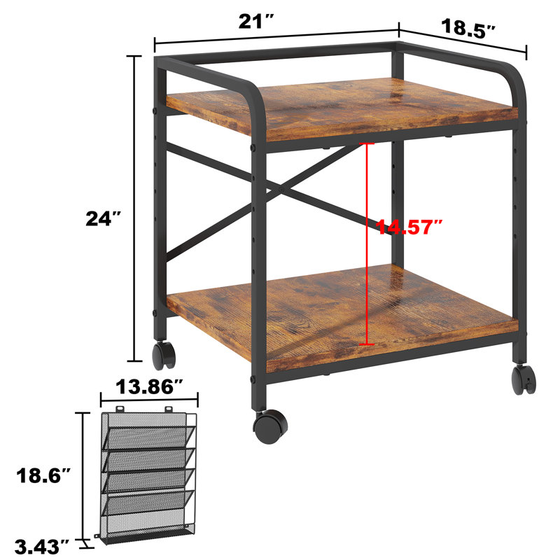 Printer Stand With File Holder Organizer, Printer Cart With Adjustable Height Shelf And Wheels, Brown