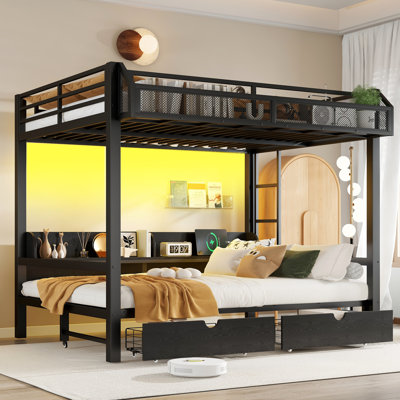 Grand lit superposé en métal pour grand lit, lit inférieur convertible en canapé avec tablettes et tiroirs de rangement, lit superposé multifonctionnel avec ports de charge USB et lumières DEL, noir