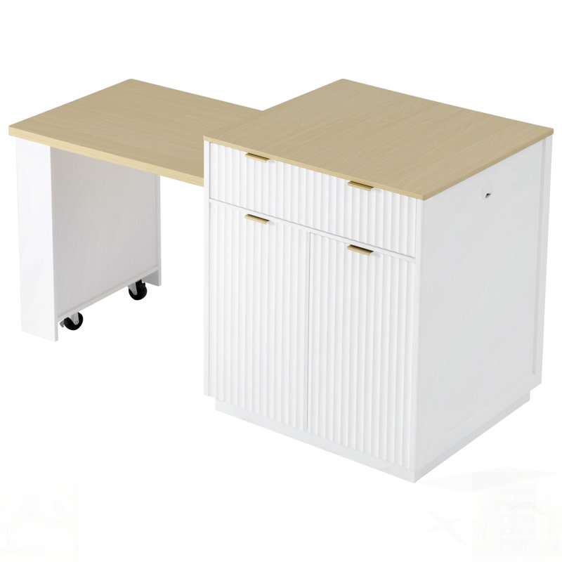 Îlot de cuisine cannelé extensible avec table de salle à manger, prise de courant et rangement double
