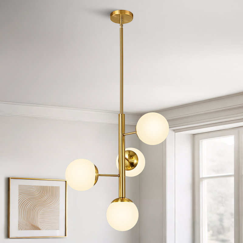 Lustre spoutnik linéaire moderne à 4 lumières avec abat-jour en verre, Or brossé