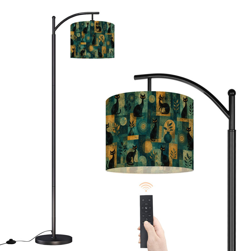  Lampe sur pied à arc Arc noir stylisé à motif géométrique abstrait moderne avec abat-jour réglable en lin à 3 couleurs DEL