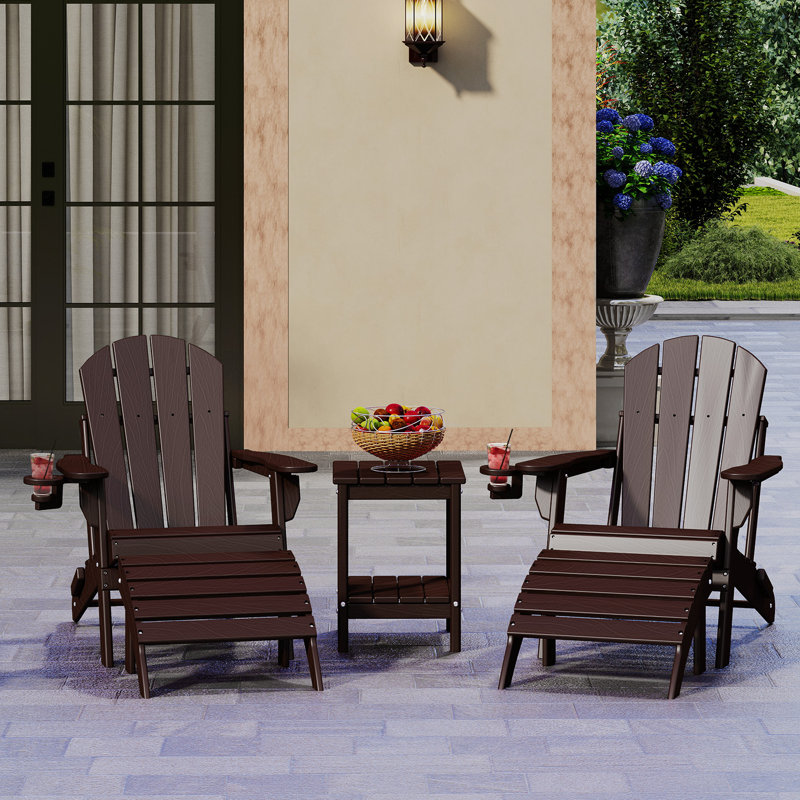 5 Pcs Hdpe Folding Adirondack Chairs Seating Group With Table And Ottoman, Brown