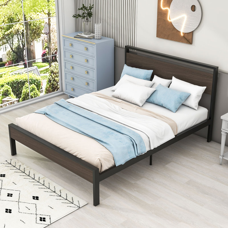 Buruk Metal Bed with Headboard, Queen, Black/Walnut