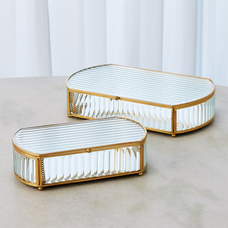 Reeded Glass Oval Box, 2.75" H x 12" W x 7.5" D