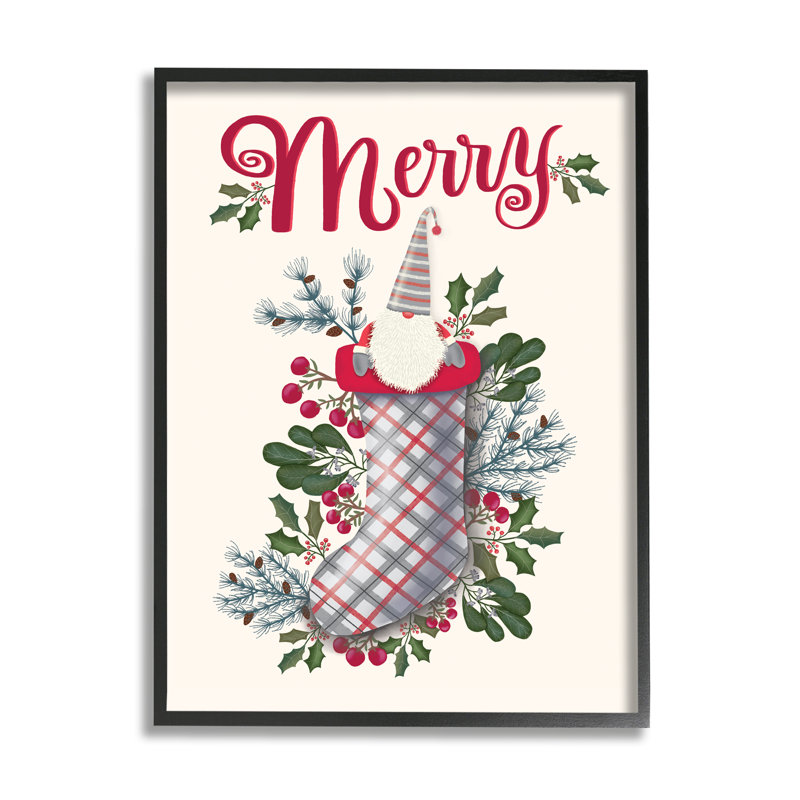 «Merry Sentiment Christmas Gnome in Plaid Holly Stocking» par Darlene Seale - impression, H 20 po x l 16 po