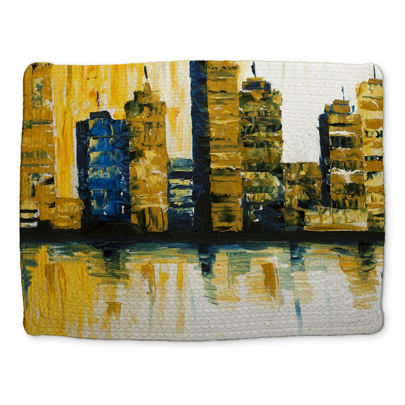 Napperon bleu en polyester tressé - décor de gratte-ciel jaune