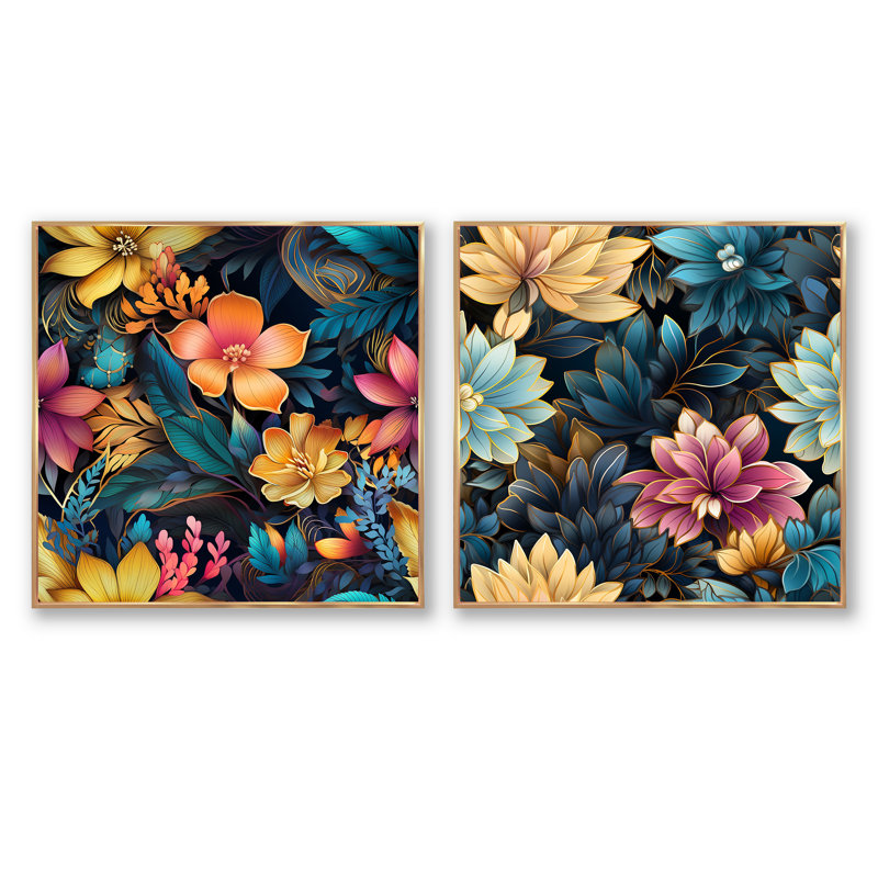 Soissons - Ensemble de 2 collages carrés floraux, Cadre flottant doré, H 30 po x l 61 po
