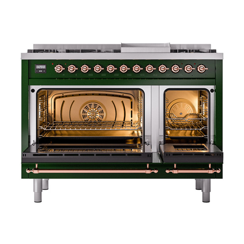ILVE UN48FNMPEGG Nostalgie II Noblesse 48 inch Dual Fuel Range (8 Sealed Burners + Griddle, Triple Glass Door), Emerald Green