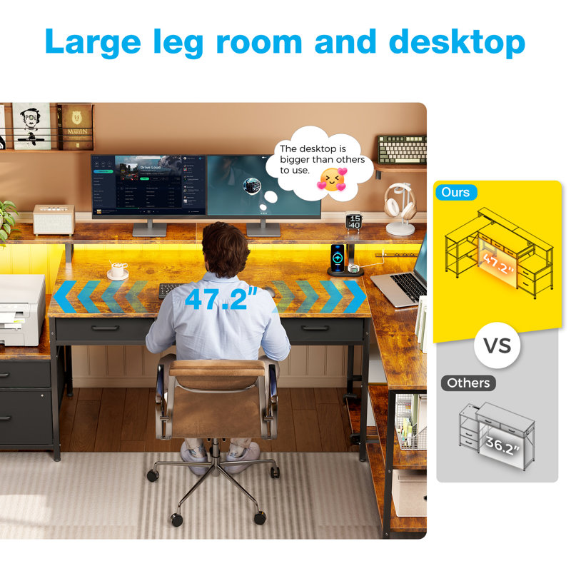 L-shaped Desk With Under-desk Drawers,computer Desk With Cabinet ,reversible Desk Power Sockets & Led Light Strips,home Office Desk With Monitor Stand