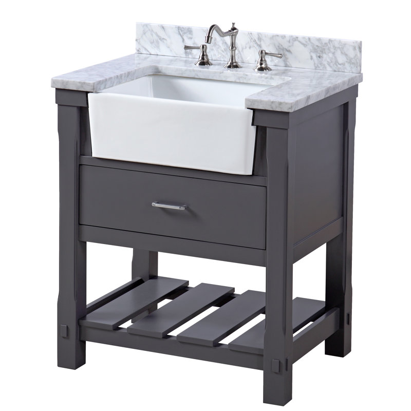 Hitton 30'' Single Bathroom Vanity with Top, Marine Gray, Carrara Marble