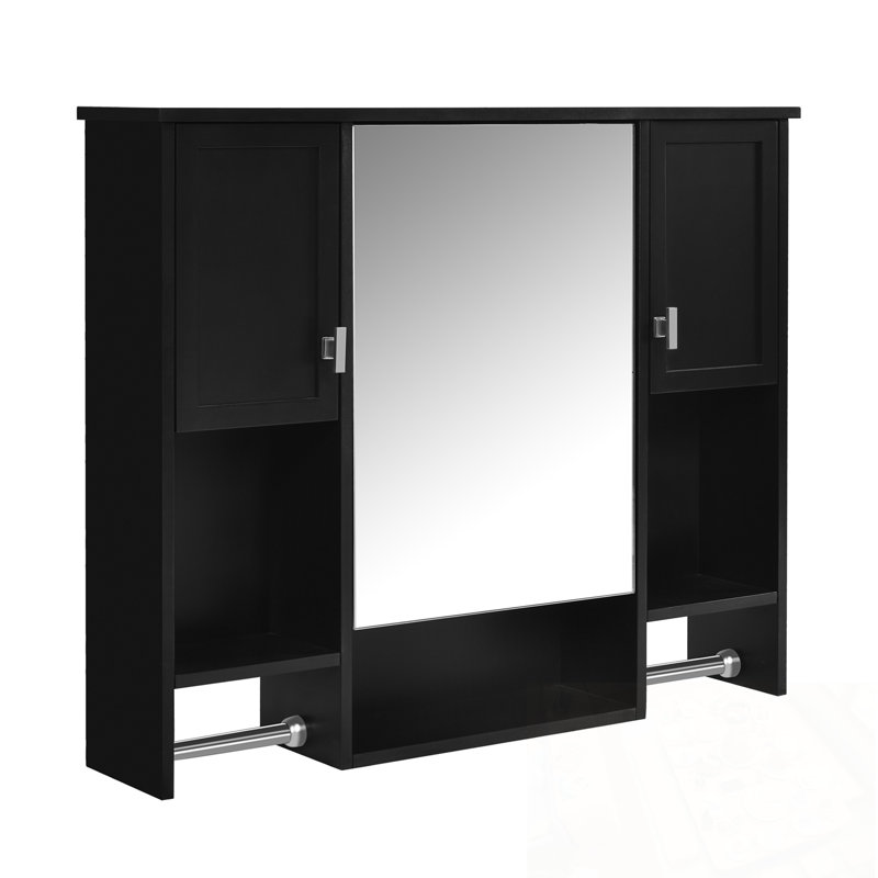 Wall Mounted Trinway Cabinet with Mirror and Towels Bar, Black