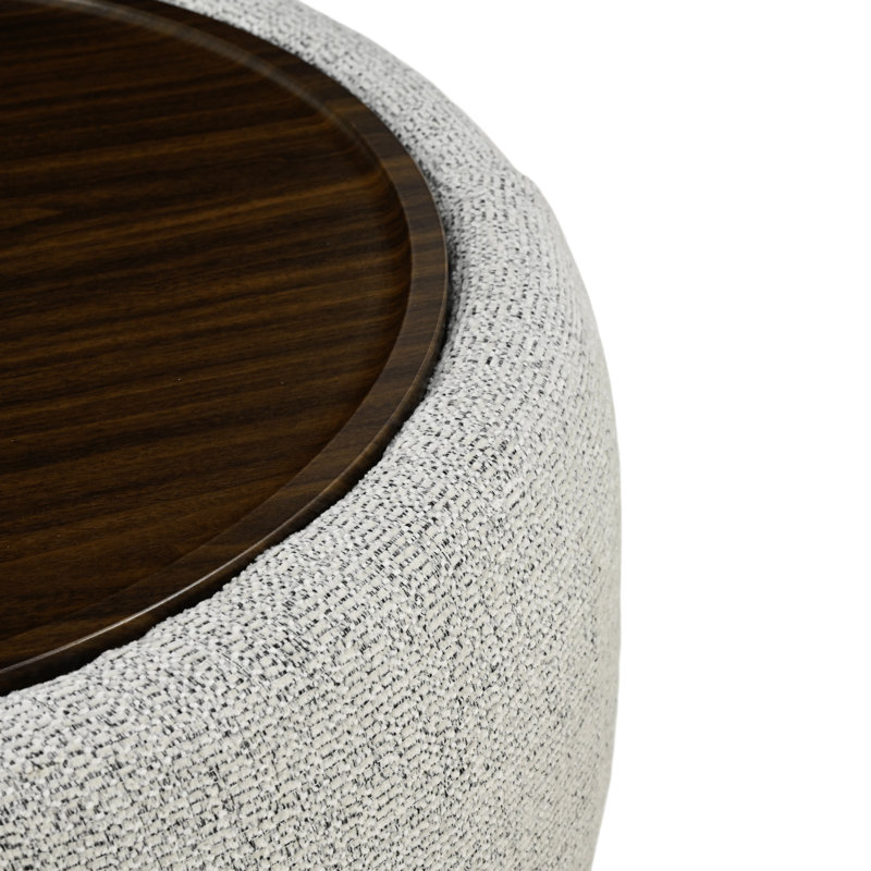 Upholstered Round Storage Ottoman with Wooden Tray, Textured Beige Blend Chenille