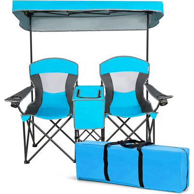 Double Camping Chair W/Shade Canopy, 2-Person Folding Camp And Beach Chair With Mini Table Beverage Cup Holder Carrying Bag For Garden Patio Pool Beac by Arlmont & Co.