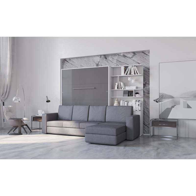 Aubri Upholstered Murphy Bed, White/Light Grey