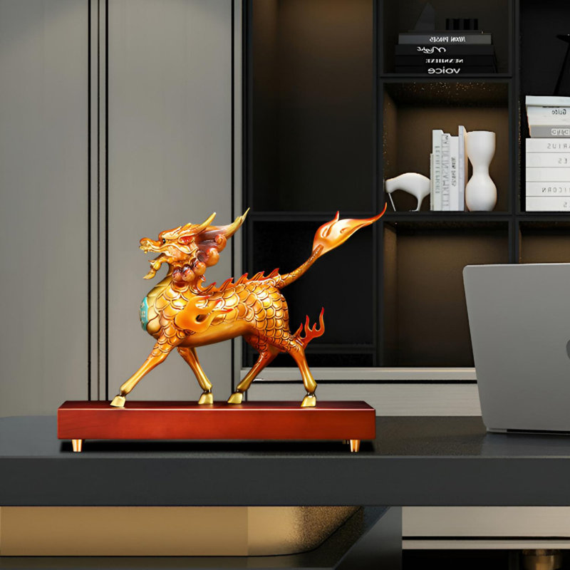Sculpture de style antique Kirin - Artisanat en laiton intemporel, H 9,06 po x l 10,63 po x P 4,72 po