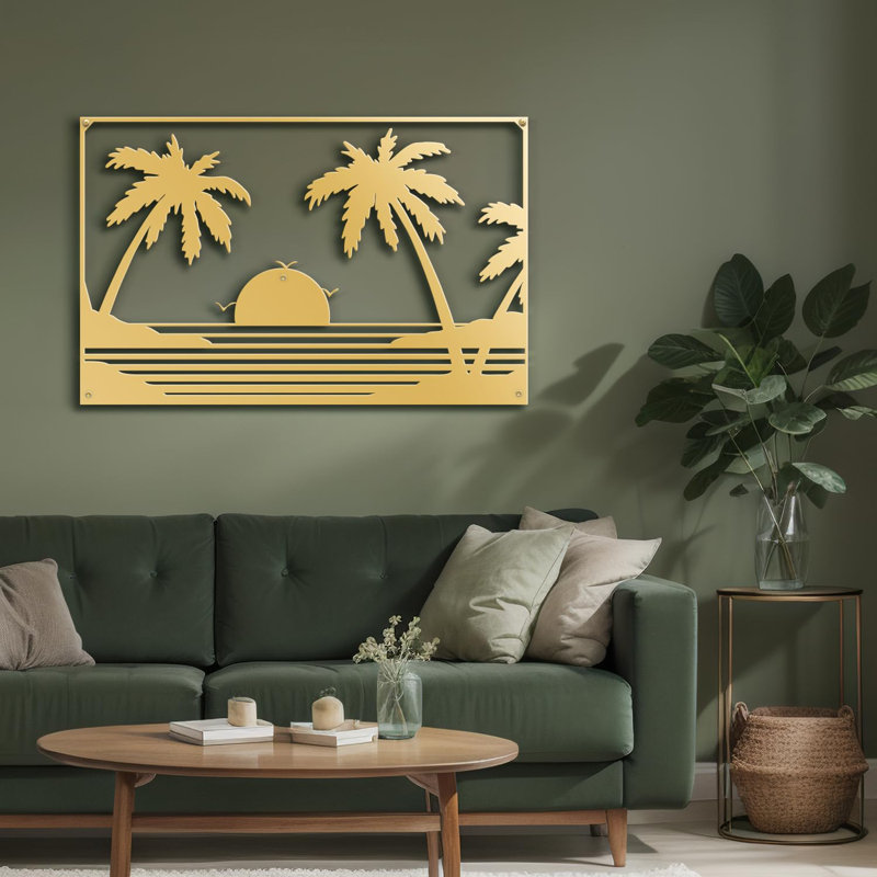Palmiers et coucher de soleil, décoration murale abstraite moderne, décoration suspendue, décoration murale en métal, Doré