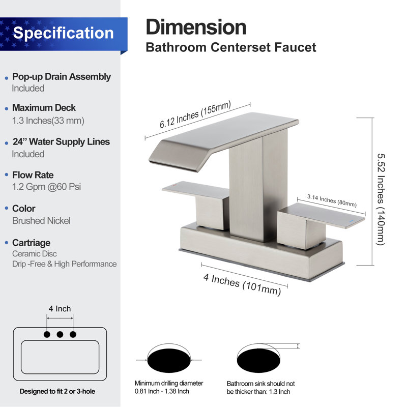 Centerset 2-handle Bathroom Faucet with Drain Assembly, Brushed Nickel