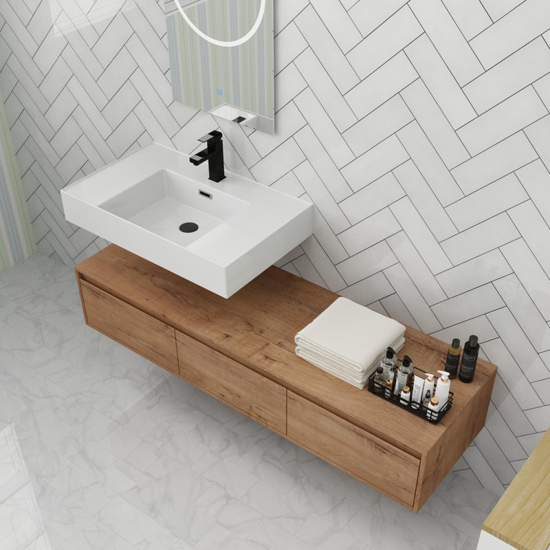 Meuble-lavabo flottant de 60 po avec tiroir à fermeture en douceur, Imitation chêne