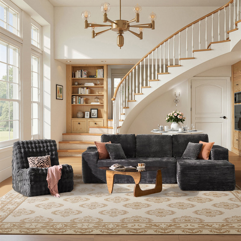 Ensemble de salon modulaire sans assemblage en L 3 pièces avec méridienne et fauteuil à billes sans accoudoirs Hogle, Gris