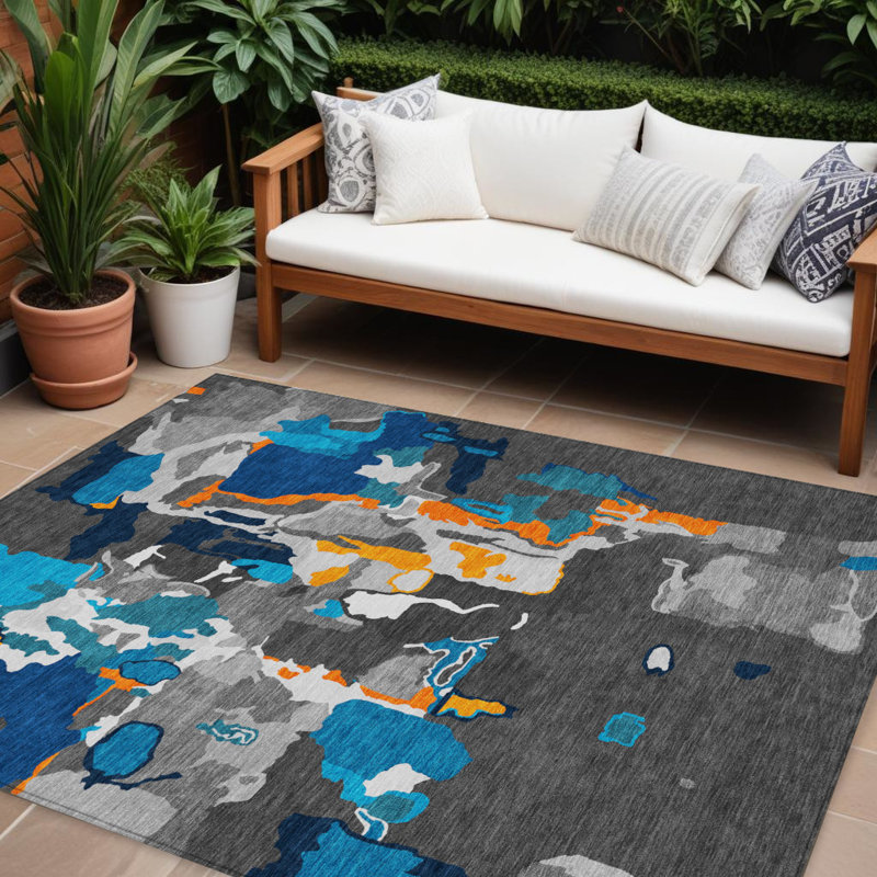 Tapis d'extérieur lavable abstrait 10 pi x 14 pi cuivre et bleu sarcelle