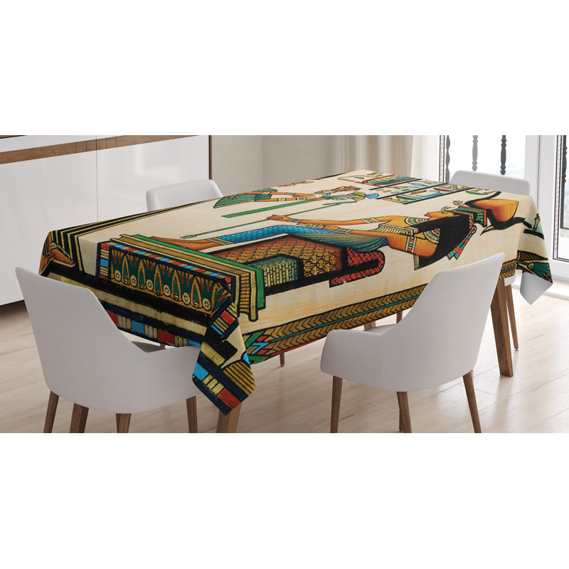 Egyptian Tablecloth, Old Egyptian Papyrus Depicting Queen Nefertari With Historical Empire Artwork, Rectangular Table Cover For Dining Room Kitchen Decor, 52" X 70", Multicolor