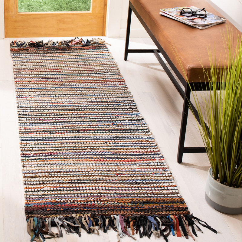 Exley Vintage Leather Hand Woven Leather Cotton/Jute Striped Rug in Brown, Runner 2'3" x 9'