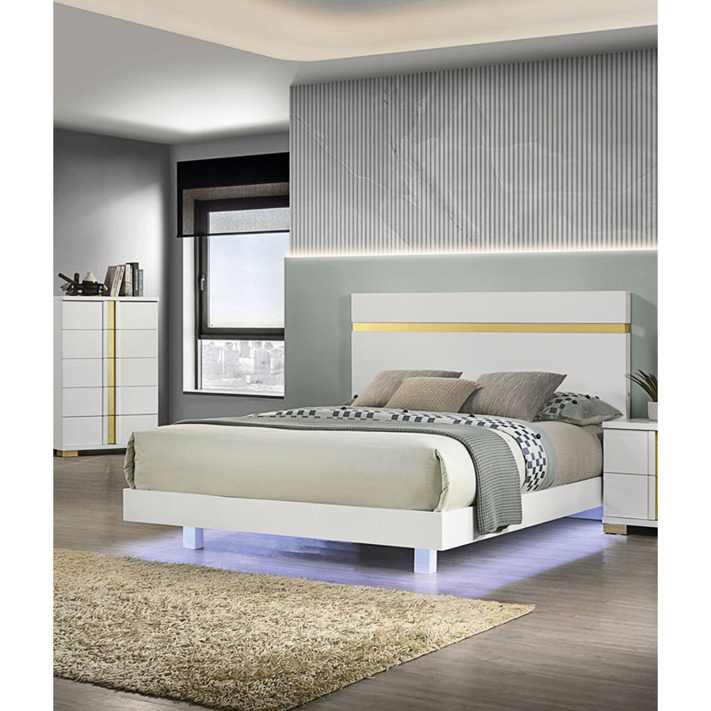 Lit 1Pc avec DEL sous le lit, Blanc, Grand lit