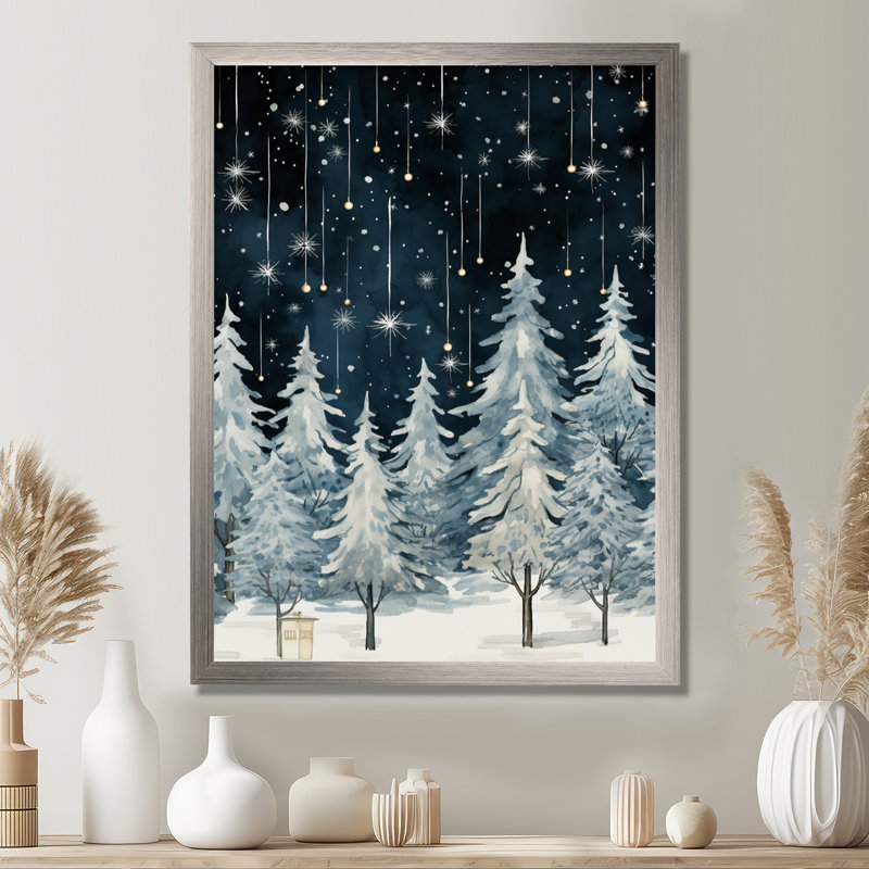 «Winter Pine Tree Starry Night Sky I», reproduction sur toile encadrée, Cadre flottant brun, H 32 po x l 16 po x P 1 po