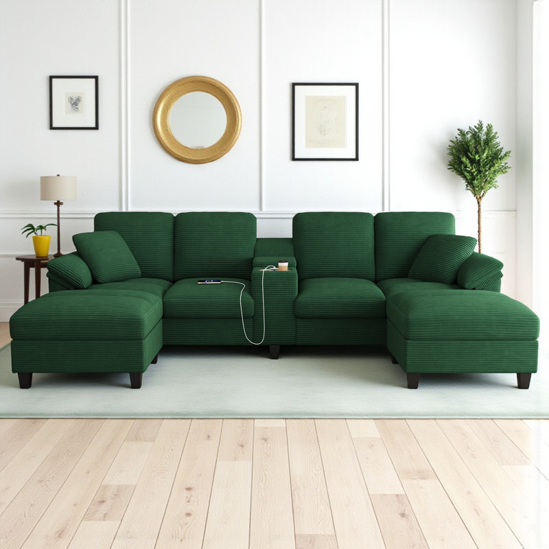 U-Shaped Upholstered Sectional Sofa With Storage And USB Ports, Green Corduroy