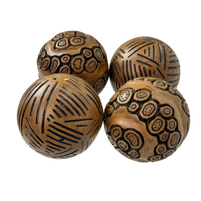 Eclectic Brown Resin Decorative Orb Set of 4 with Distressed Tribal-Inspired Carvings, 4-Inch