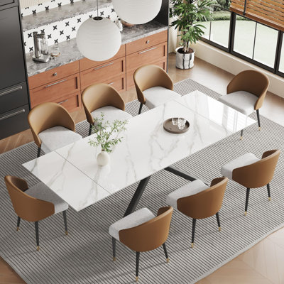 Mahjabin 9 - Piece  Dining Table Set 102.36'' Extendable Sintered Stone Table and 8 Faux Leather Chairs Dining Set