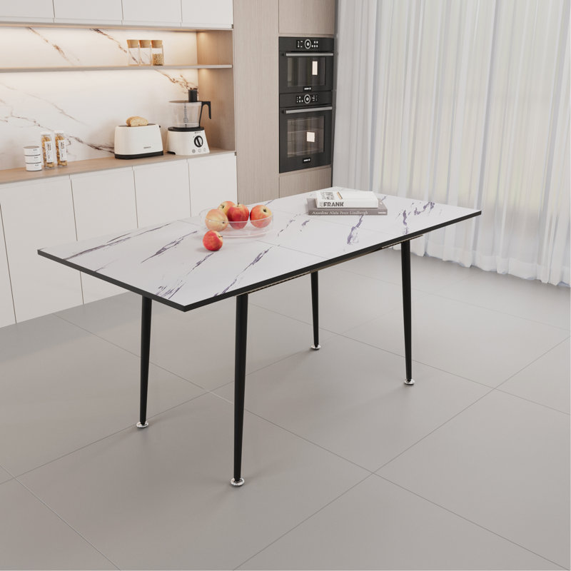 Elegant Expandable MDF Dining Table With Marble Pattern And Tapered Metal Legs