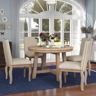 5-Piece Farmhouse Dining Table Set Wood Round Extendable Dining Table and 4 Upholstered Dining Chairs