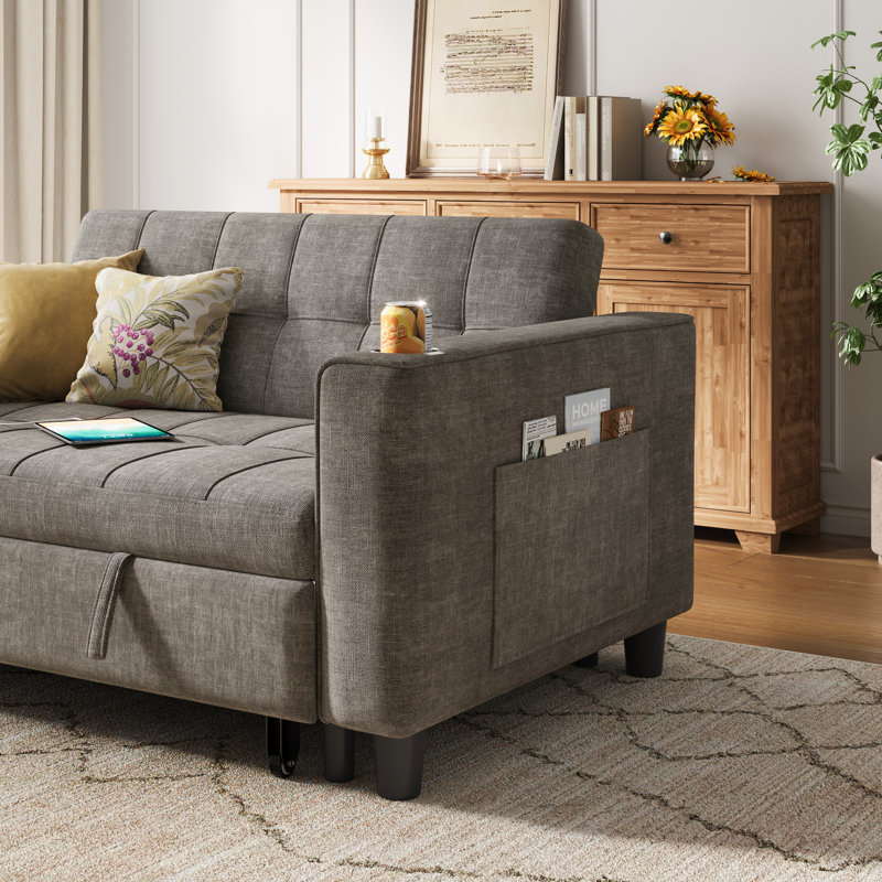 Clayton 53.8'' Upholstered Convertible Sleeper Loveseat With USB Charging Ports & Cup Holders, Lyon Gray Chenille