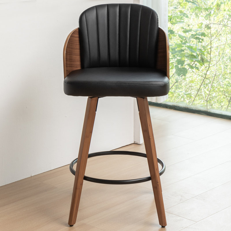 Tyandra Faux Leather Upholstered Swivel Counter Stool, Black, Bar Stool (29.13" Seat Height)