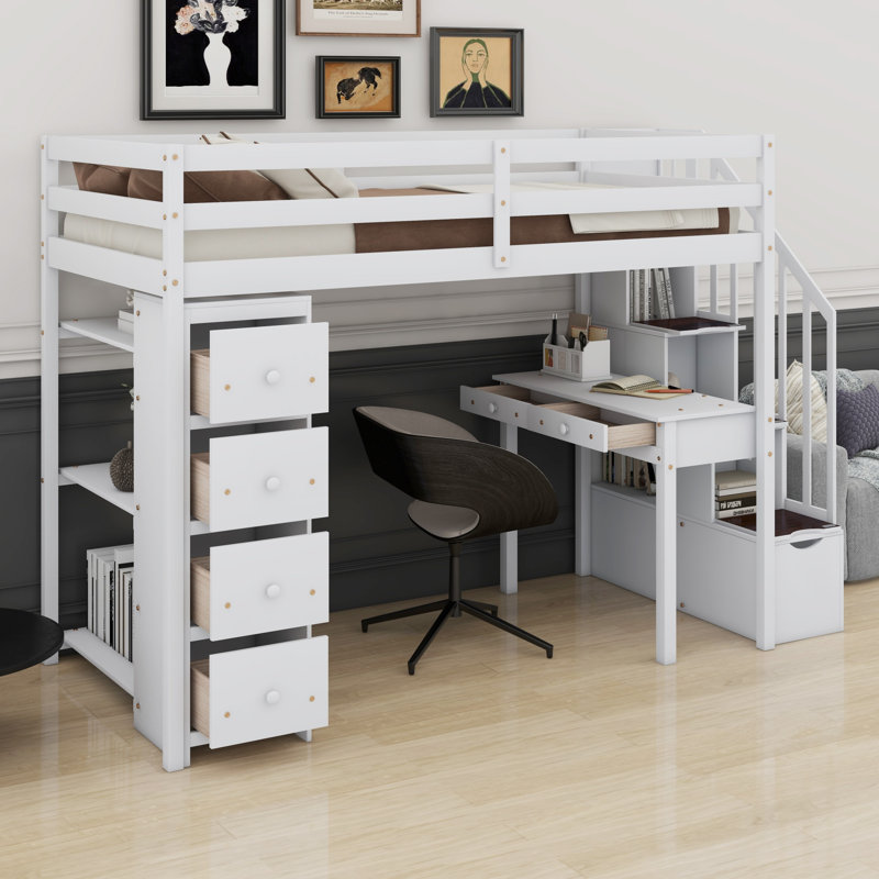 Lit mezzanine avec tiroirs de rangement, bureau et escalier, lit mezzanine en bois avec tablettes, Blanc