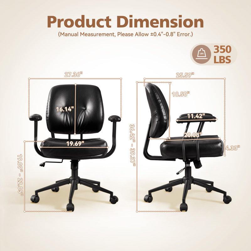 Mid-Century Faux Leather Office Chair With Arms, Adjustable Swivel Desk Chair For Home Office Or Vanity – Compact Ergonomic Task Chair