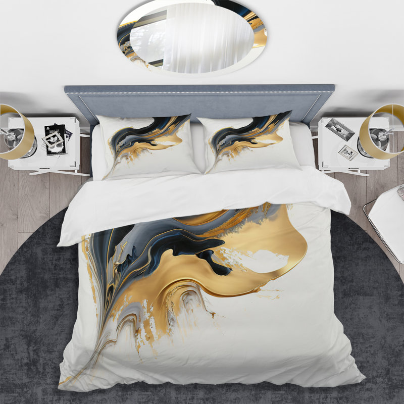 Ensemble de housse de couette en microfibre / polyester noir, blanc et or, Housse de couette pour grand lit et 2 taies décor