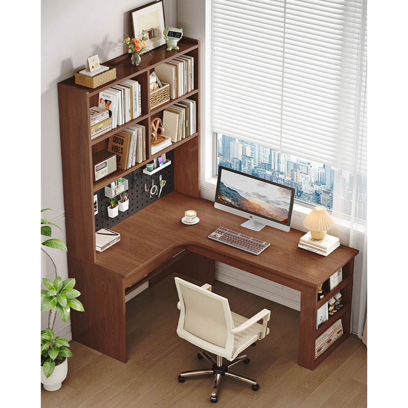 Bureau en L en bois massif avec bibliothèque intégrée, style minimaliste?, H 74,80 po x l 62,99 po x P 39,37 po